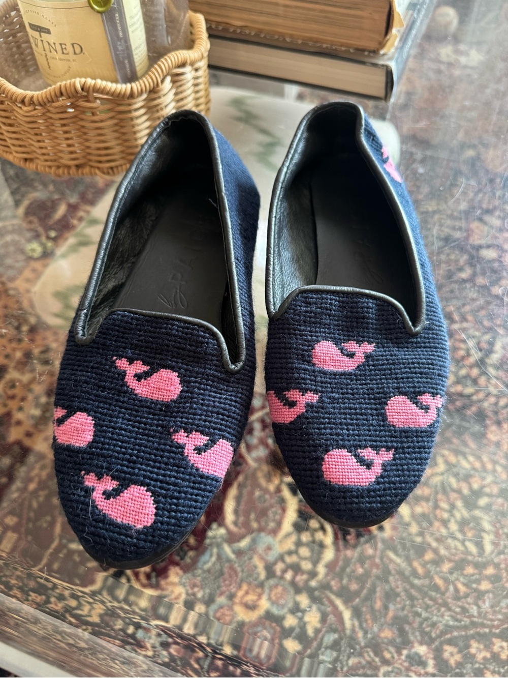 By Paige needlepoint Navy Loafers with Pink Whale Motif
